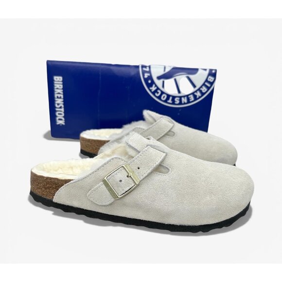 Birkenstock Boston Shearling Suede Clogs Antique White EU 38 Fur Lined - Picture 14 of 16